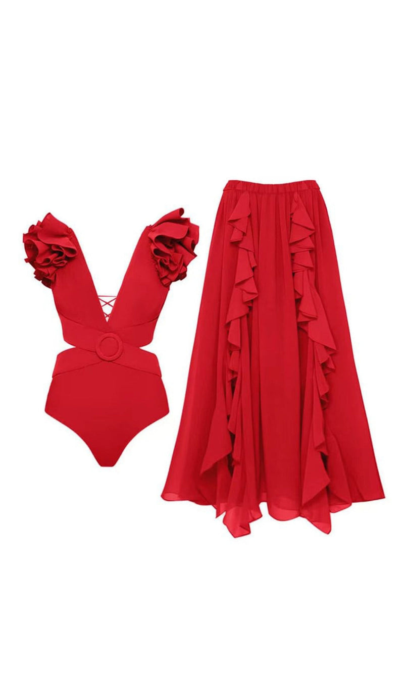 COSTUME DA BAGNO INTERO E GONNA CON TAGLIO ROSSO PROFONDO V