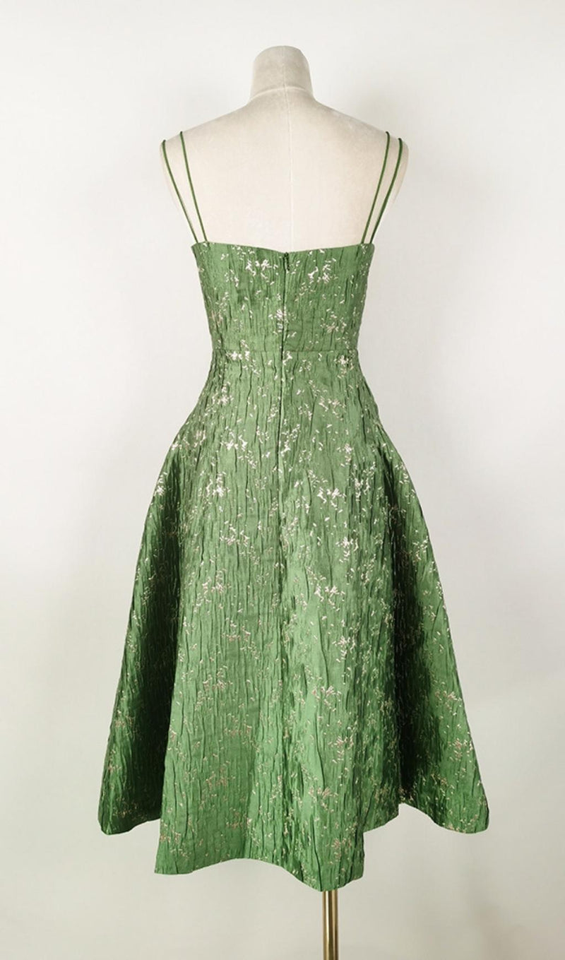 VINTAGE GREEN SUSPENDER JACQUARD MIDI DRESS