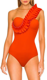 ONE SHOULDER RUFFLE ONE PIECE ORANGE SWIMSUIT styleofcb 