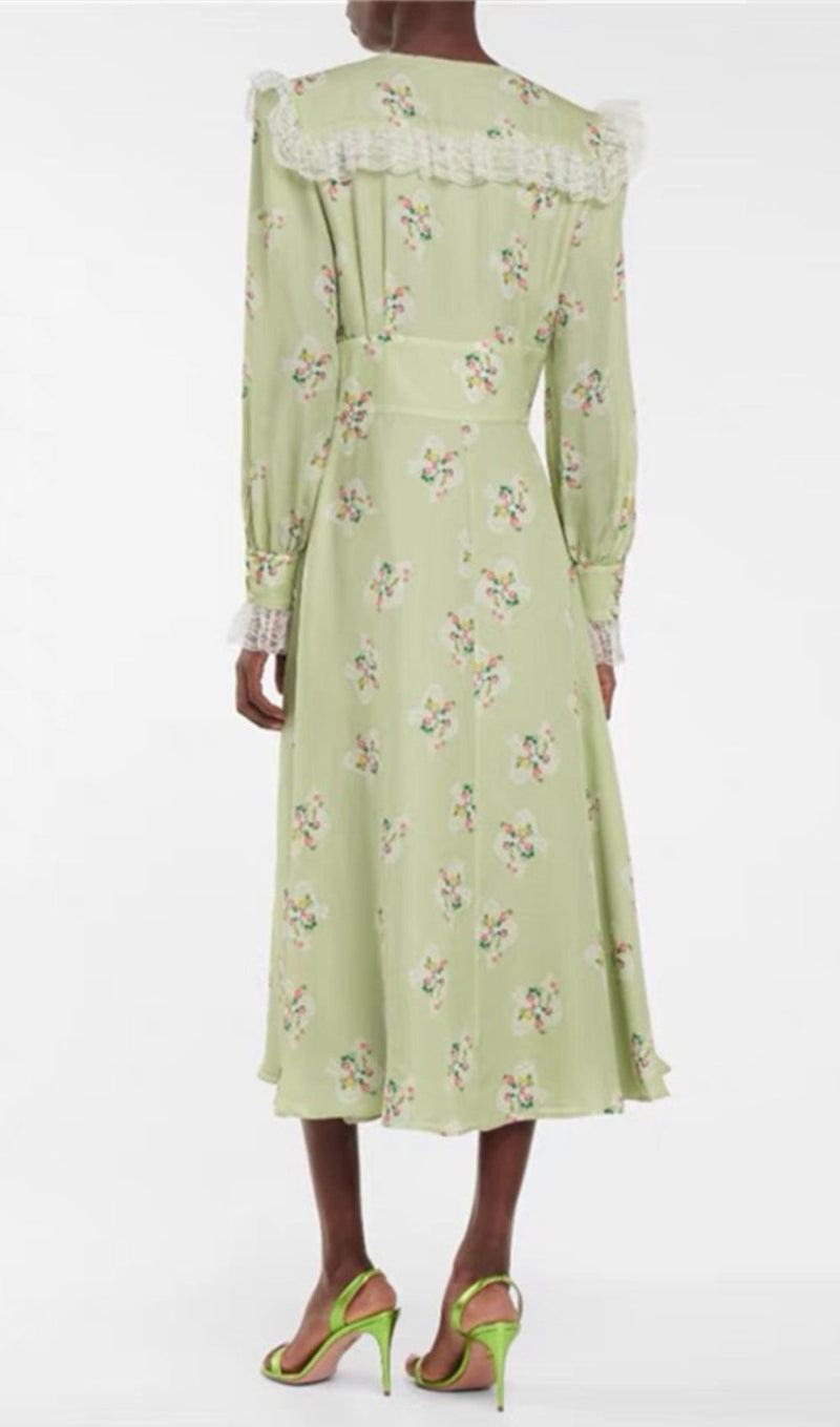 LIGHT GREEN V NECK FLORAL SILK MIDI DRESS