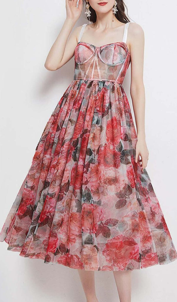 FLORAL-PRINT CORSET MIDI DRESS IN PINK DRESS STYLE OF CB 