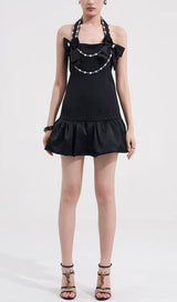 DIAMOND HALTERNECK MINI DRESS IN BLACK