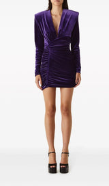 PURPLE V NECK RUCHED VELVET MINI DRESS