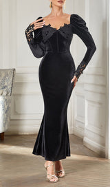 BLACK ELEGANT V-NECK LACE STITCHING FISHTAIL DRESS