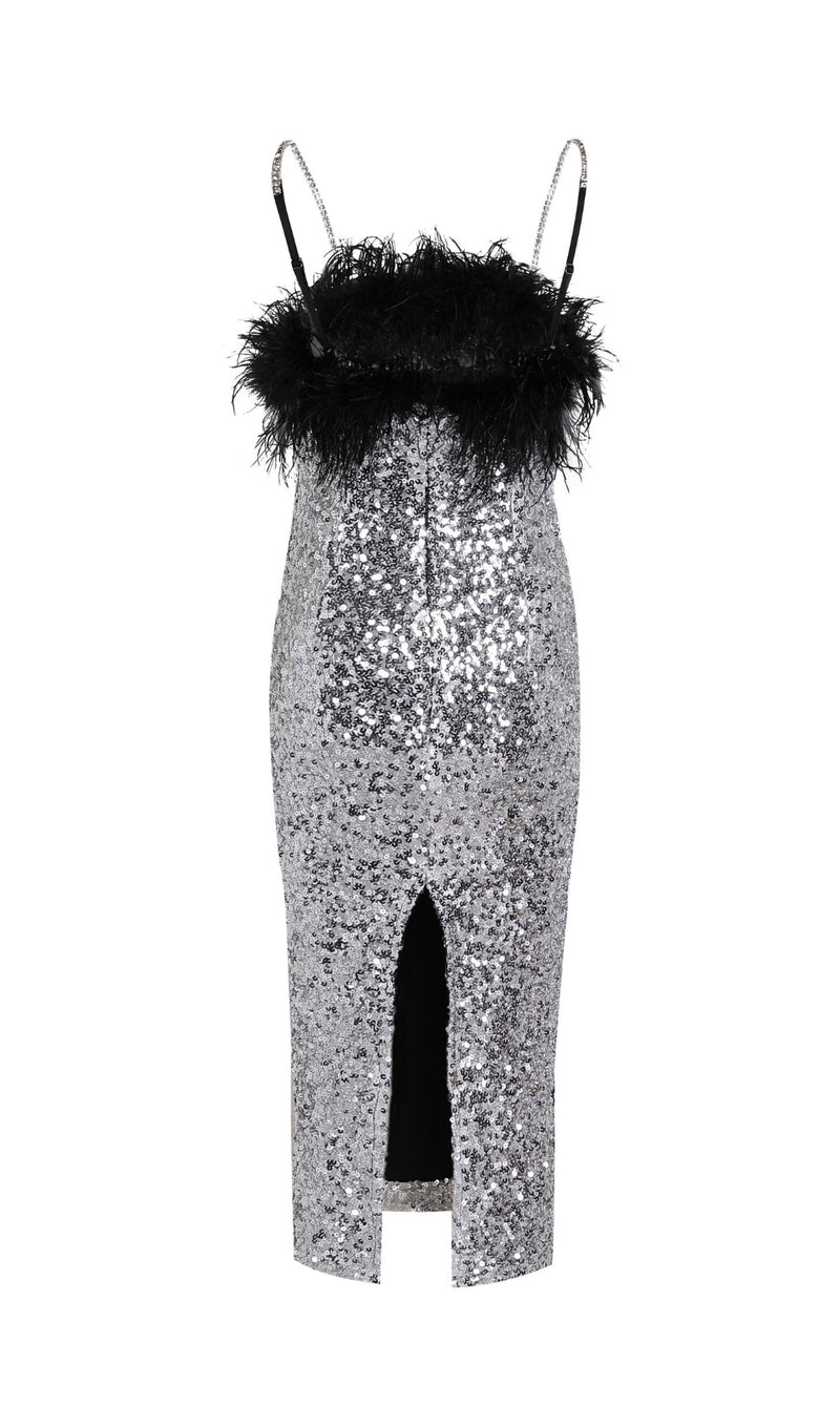 SEQUINED FEATHER SLIM SUSPENDER DRESS