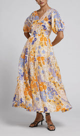 FLORAL PUFF SLEEVE V-NECK MAXI DRESS