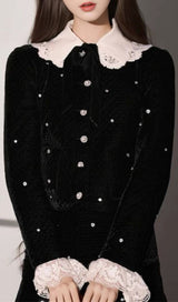 STARRY VELVET RHINESTONE LACE TRUMPET SLEEVE SHORT COAT & SKIRT SUIT