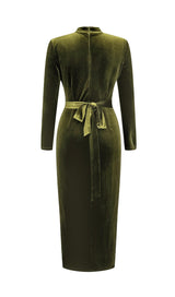 OLIVE GREEN MESH VELVET SLIT HIP-HUGGING DRESS