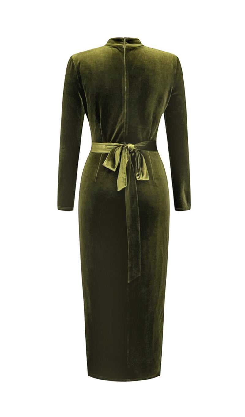 OLIVE GREEN MESH VELVET SLIT HIP-HUGGING DRESS