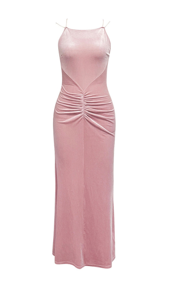 PINK SUSPENDER BACKLESS VELVET PLEATED HIP DRESS