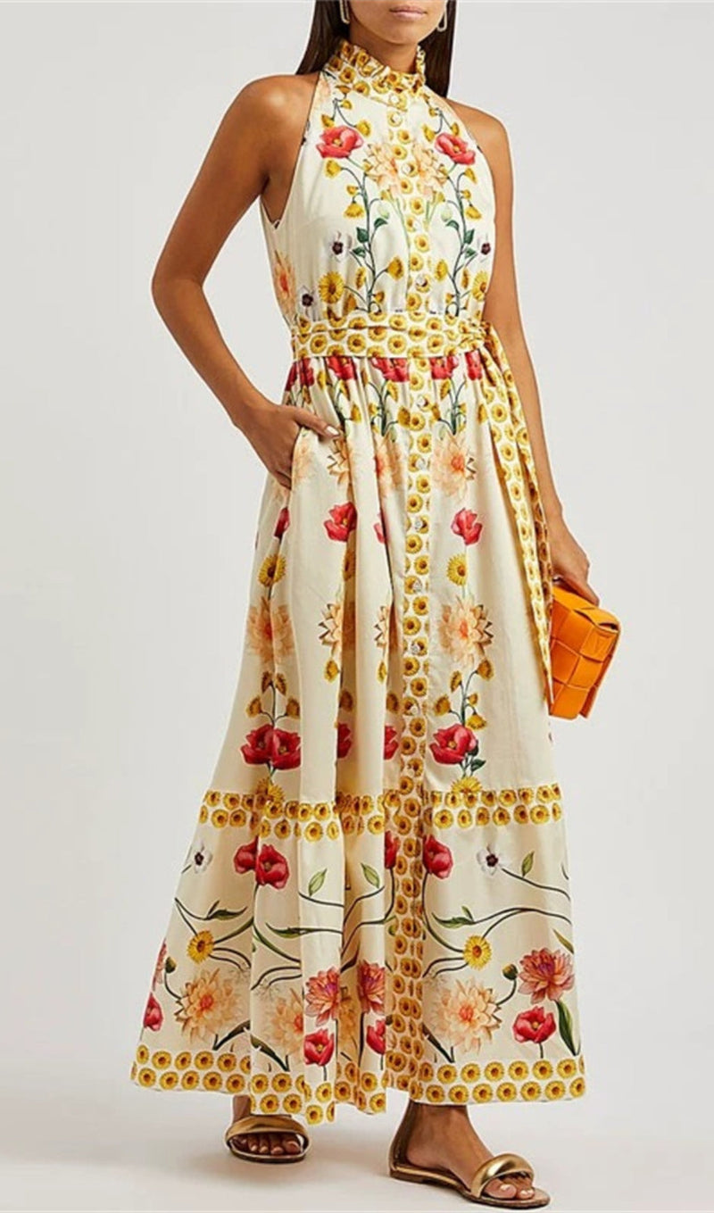 HIGH COLLAR SLEEVELESS LOOSE LACE FLORAL MAXI DRESS