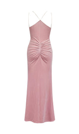 PINK SUSPENDER BACKLESS VELVET PLEATED HIP DRESS