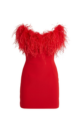 RED FEATHER TRIM MINI DRESS