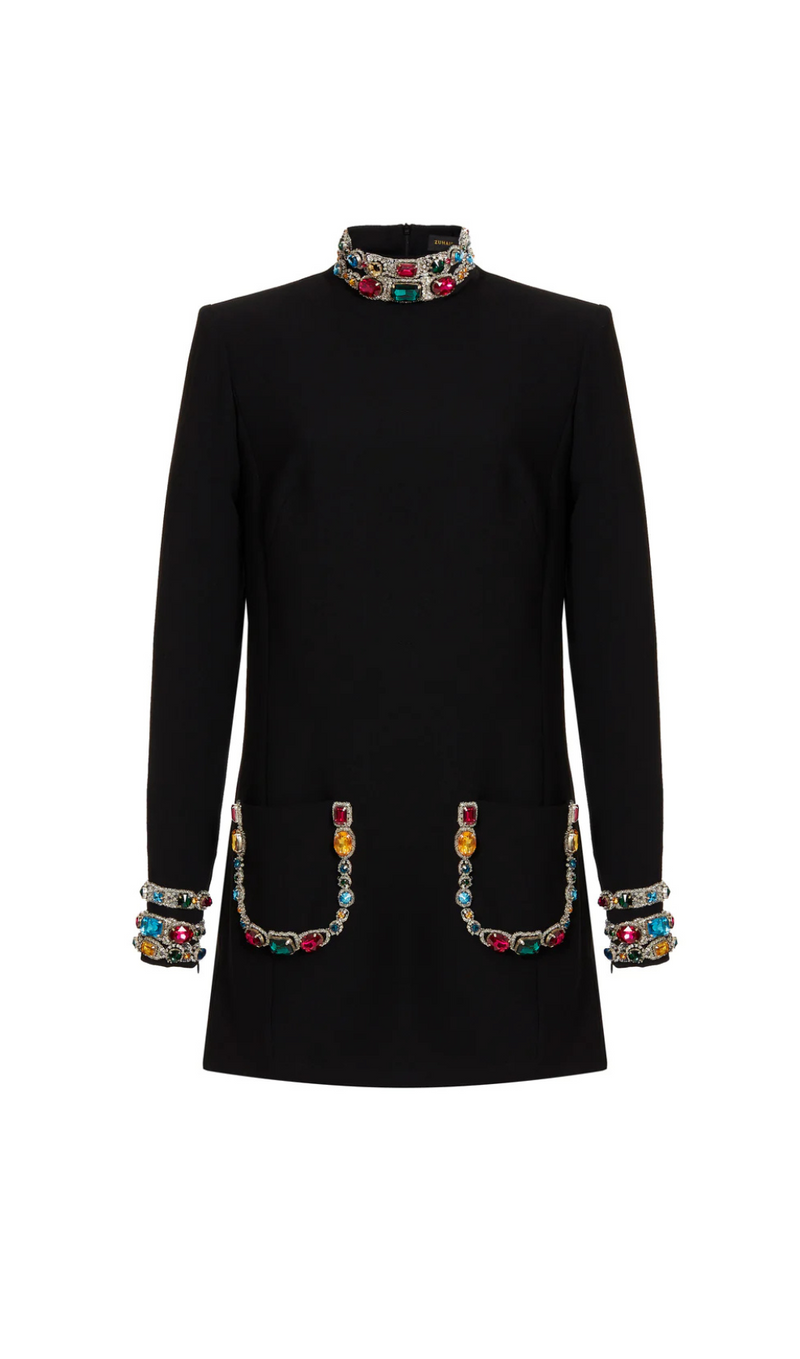 BLACK BEAD-EMBROIDERED MINI DRESS