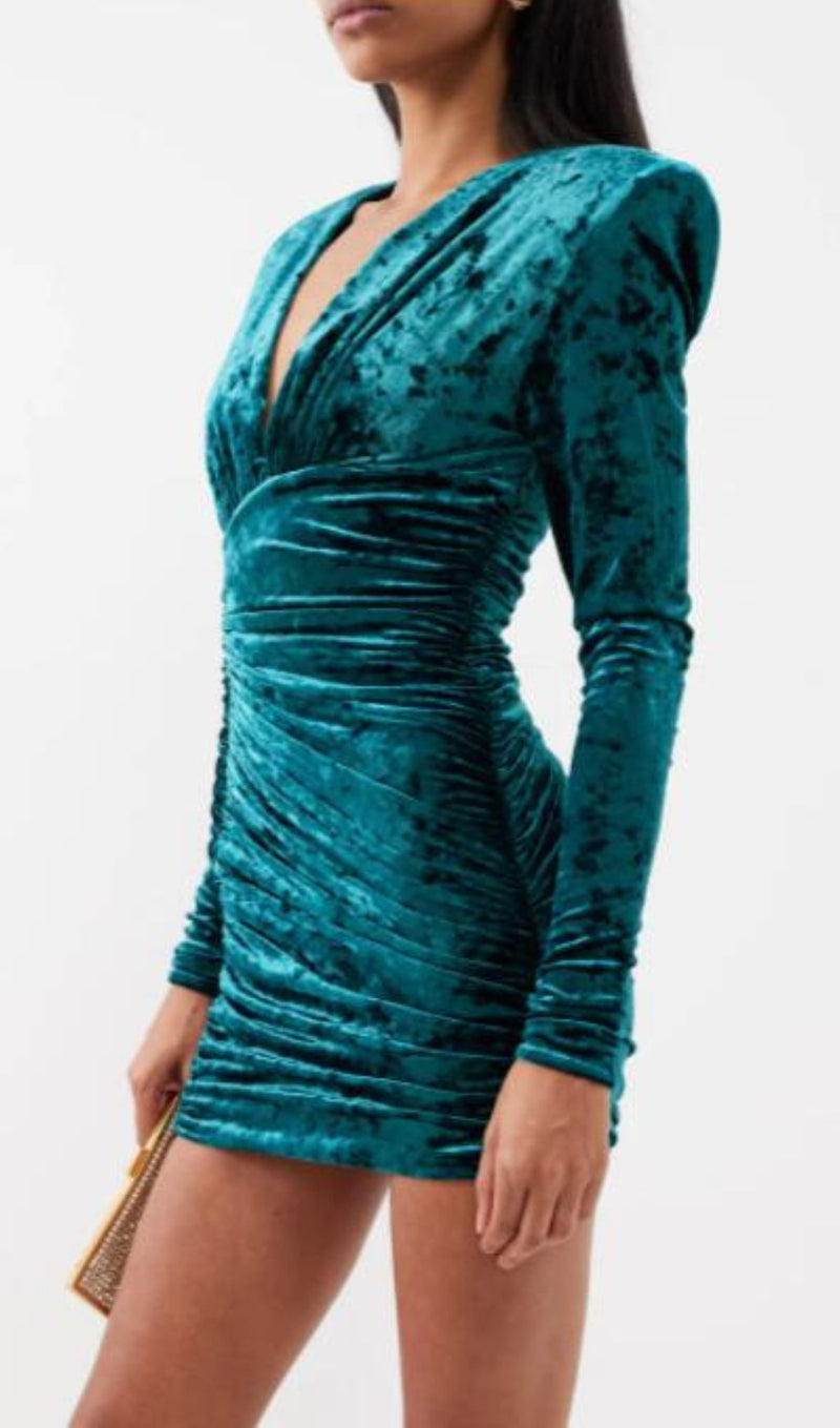 GREEN V NECK RUCHED VELVET MINI DRESS