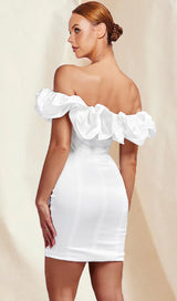 WHITE OFF SHOULDER FRILL MINI BODYCON DRESS