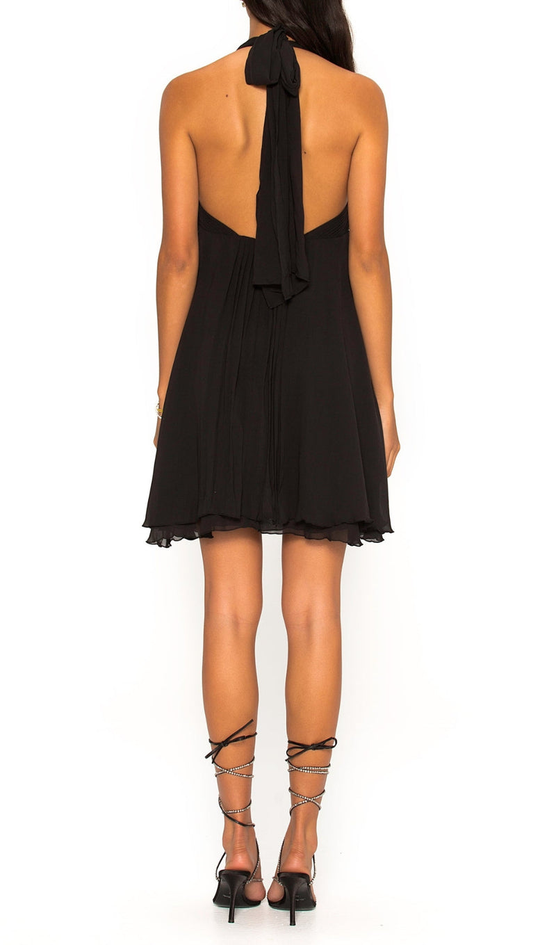 PLEATED HALTER MINI DRESS IN BLACK