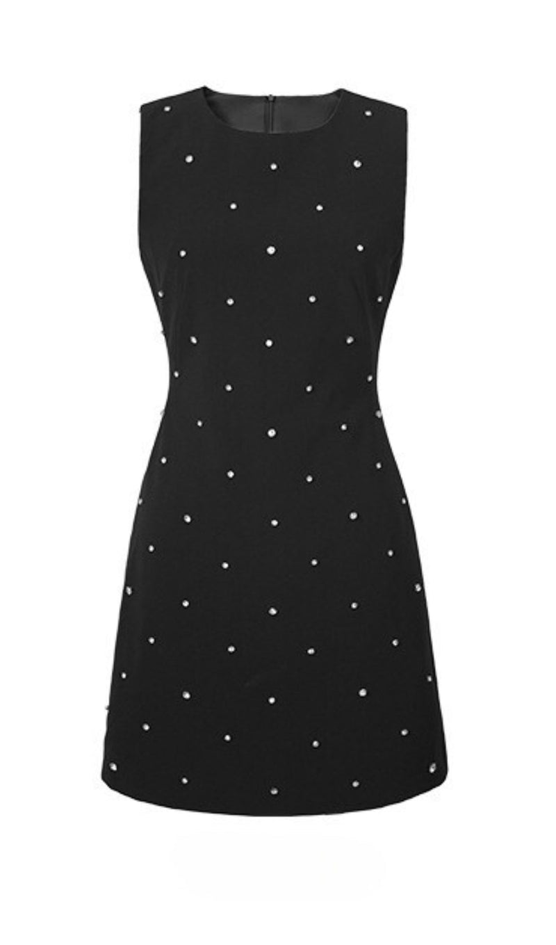 ROUND NECK STUDDED SLEEVELESS MINI DRESS IN BLACK