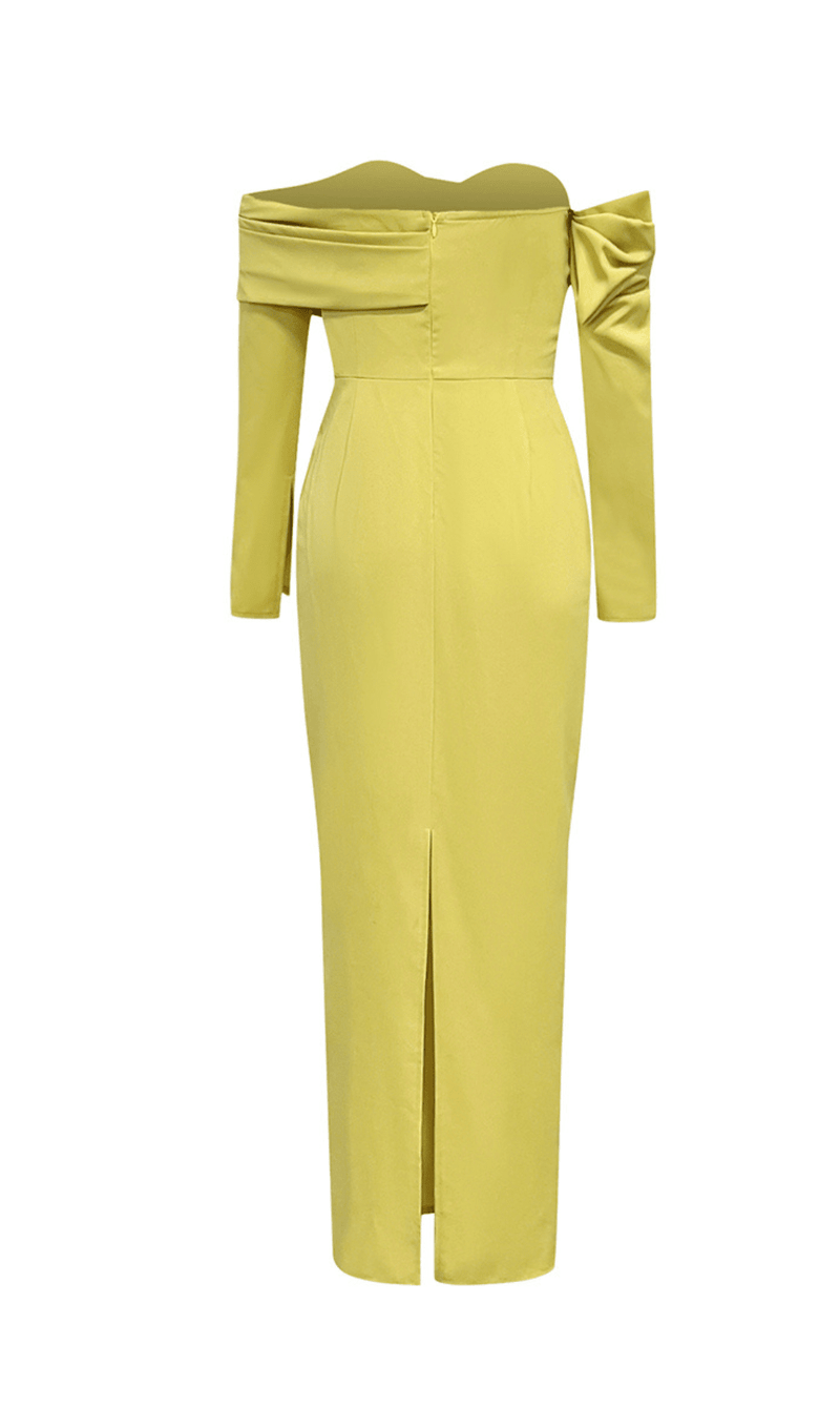 YELLOW ONE-SHOULDER STRAPLESS LONG-SLEEVED PLEATED MAXI DRESS sis label 