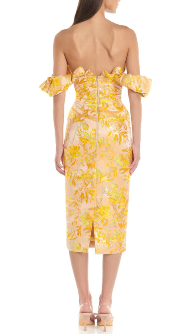 JACQUARD OFF SHOULDER MIDI DRESS IN YELLOW styleofcb 