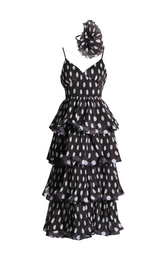 POLKA-DOT RUFFLE TRIM TIERED MIDI DRESS