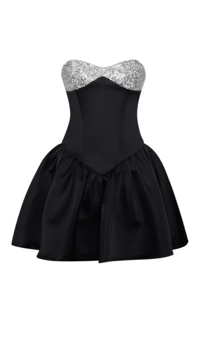 BLACK SATIN CRYSTAL BUSTIER A-LINE MINI DRESS