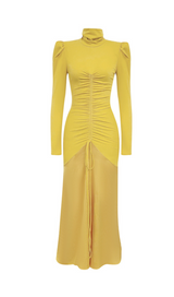 YELLOW LONG SLEEVE RUCHED SATIN MAXI DRESS