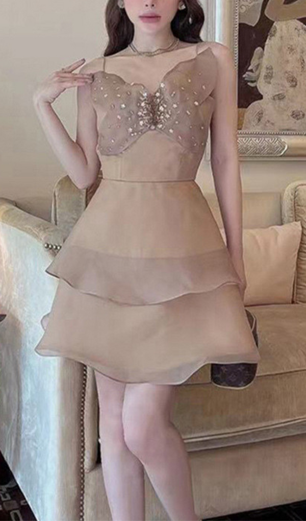 BOW DIAMOND-EMBELLISHED STRAP MINI DRESS