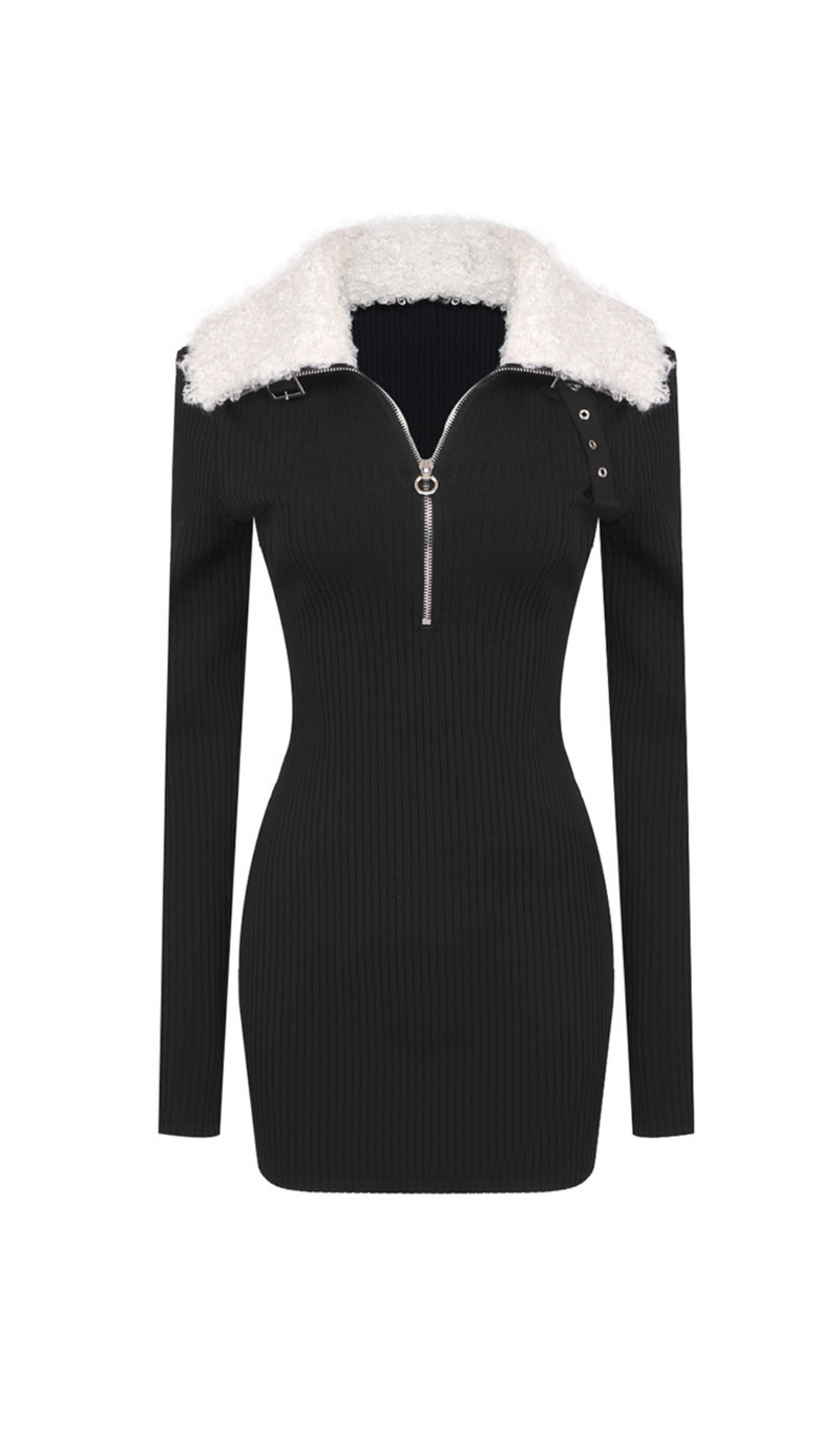 FLUFFY COLLARED ZIP DETAILED KNIT MINI DRESS