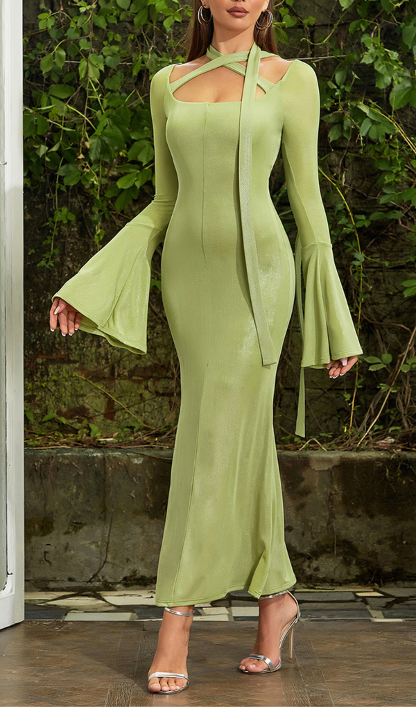 GREEN TRUMPET SLEEVE BODYCON MAXI DRESS