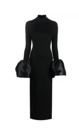 BLACK TRUMPET SLEEVE HIGH-NECK MAXI DRESS