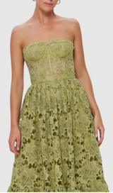 LACE BUSTIER MIDI DRESS IN GREEN