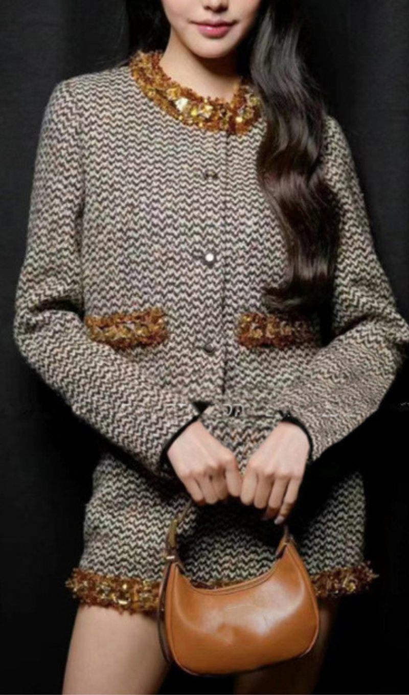 BEAD EMBELLISHED TWEED SINGLE-BREASTED COAT SUIT