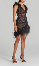 FEATHER DETAIL SEQUIN MINI DRESS IN BLACK