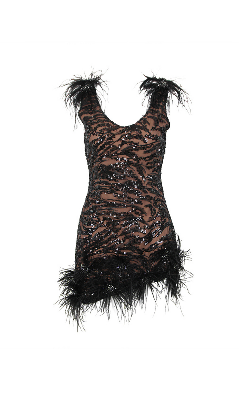 FEATHER DETAIL SEQUIN MINI DRESS IN BLACK