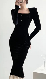 LONG-SLEEVE RUFFLE HEM FAUX VELVET MIDI DRESS