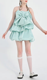 SATIN STRAPPY HEM DRESS IN MINT GREEN