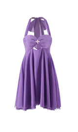 PLEATED HALTER MINI DRESS IN PURPLE