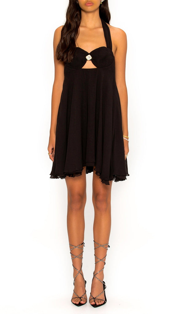 PLEATED HALTER MINI DRESS IN BLACK