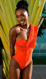 ONE SHOULDER RUFFLE ONE PIECE ORANGE SWIMSUIT styleofcb 