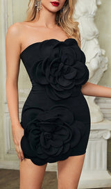 STRAPLESS FLOWER MINI DRESS IN BLACK