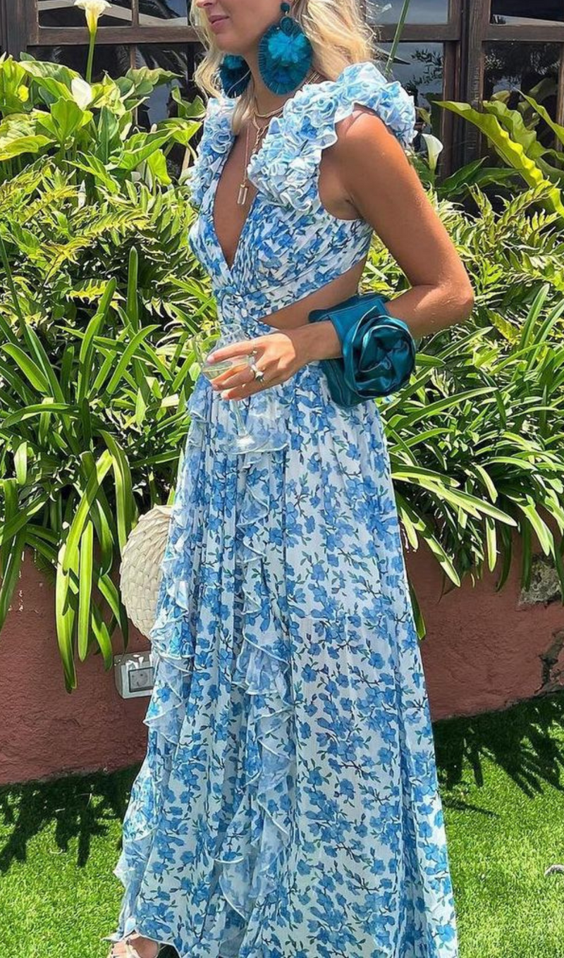 RUFFLED FLORAL CUTOUT MAXI DRESS IN BLUE