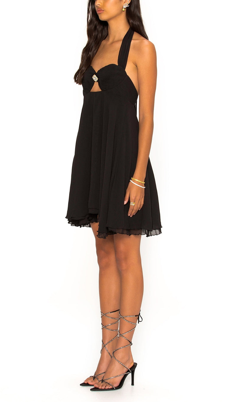 PLEATED HALTER MINI DRESS IN BLACK