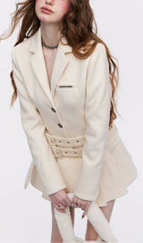 LONG SLEEVE SUIT PLEATED SKIRT IN BEIGE