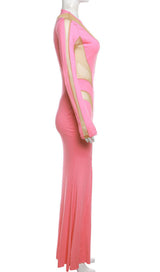 LONG SLEEVE MESH BODYCON MAXI DRESS IN PINK