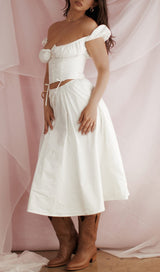 WHITE GATHERED MIDI SET DRESS STYLE OF CB 