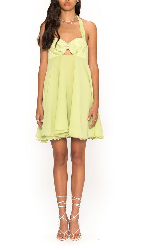 PLEATED HALTER MINI DRESS IN GREEN