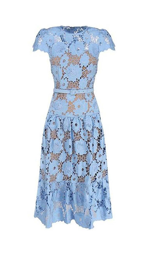 APPLIQUÉD FLORAL LACE MIDI DRESS IN BLUE