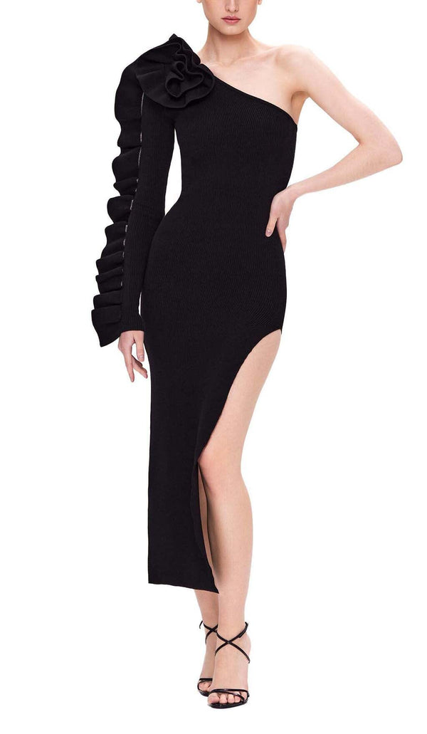 ASYMMETRIC ONE SLEEVE MIDI DRESS IN BLACK DRESS styleofcb