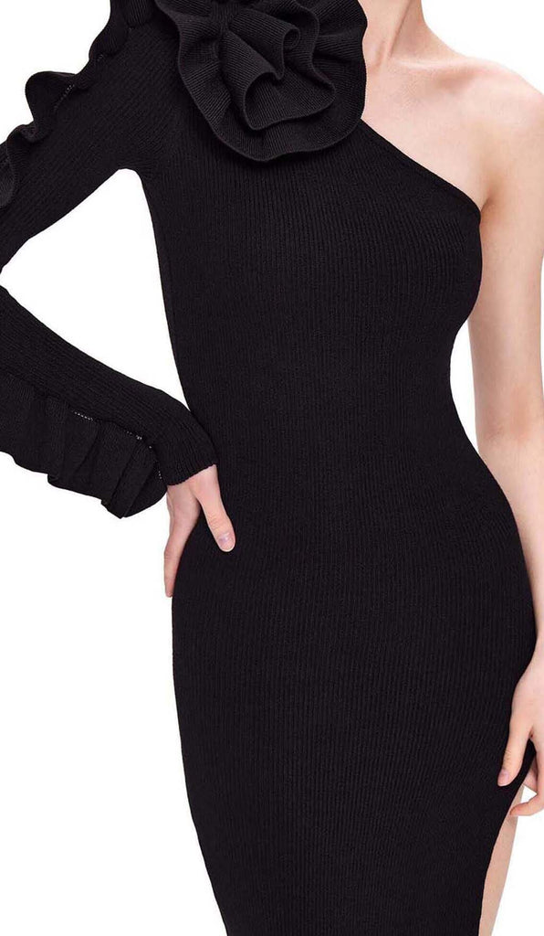 ASYMMETRIC ONE SLEEVE MIDI DRESS IN BLACK DRESS styleofcb